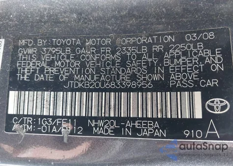 2008 Toyota Prius z USA, uszkodzony, nr VIN JTDKB20U683398956